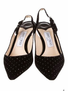 Jimmy Choo Black Velvet Pointed Slingback Mules with Crystal Studs